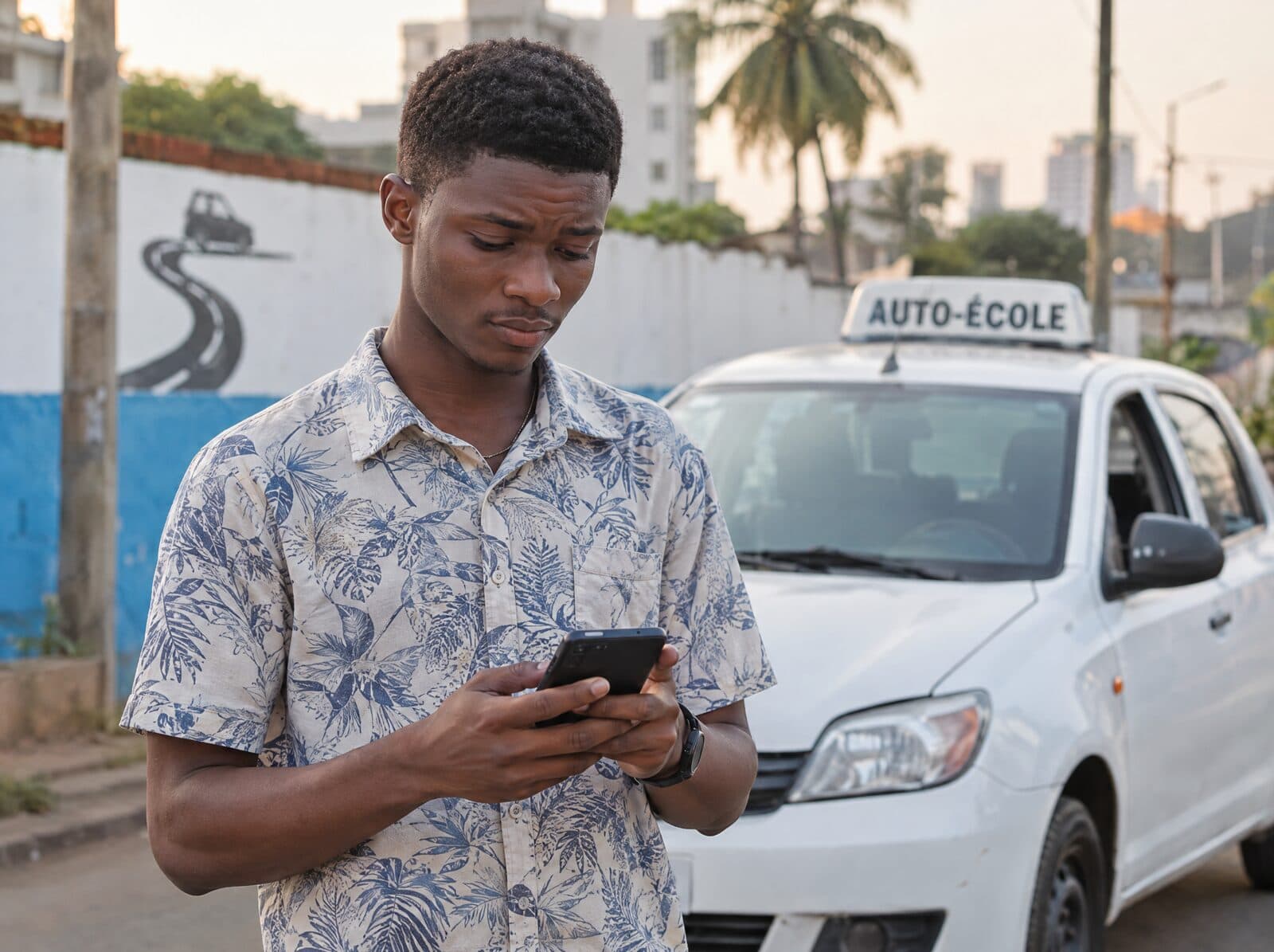 Un jeune candidat regarde son téléphone devant une voiture d'auto-école